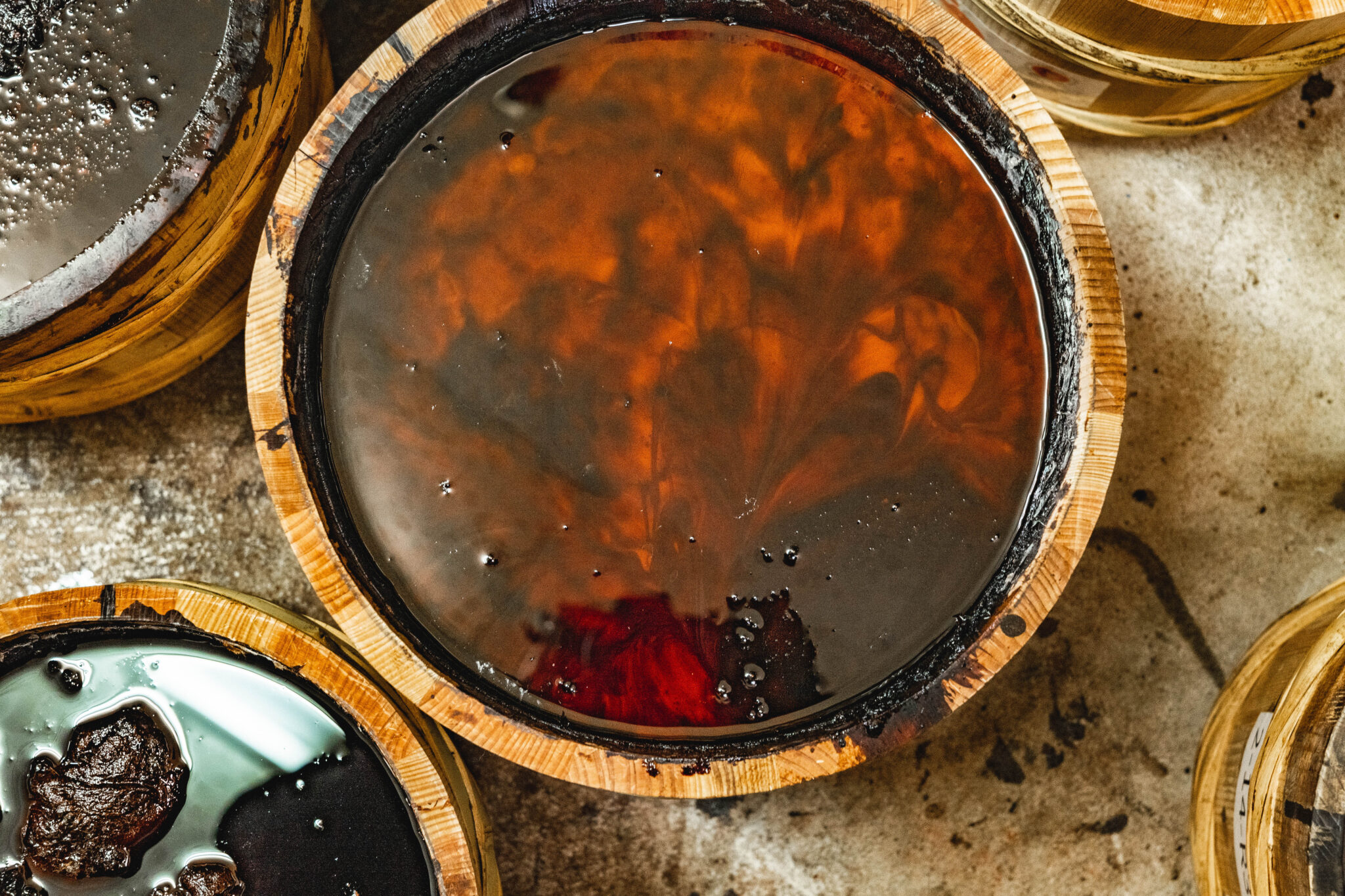 Wooden barrels of raw Japanese urushi lacquer